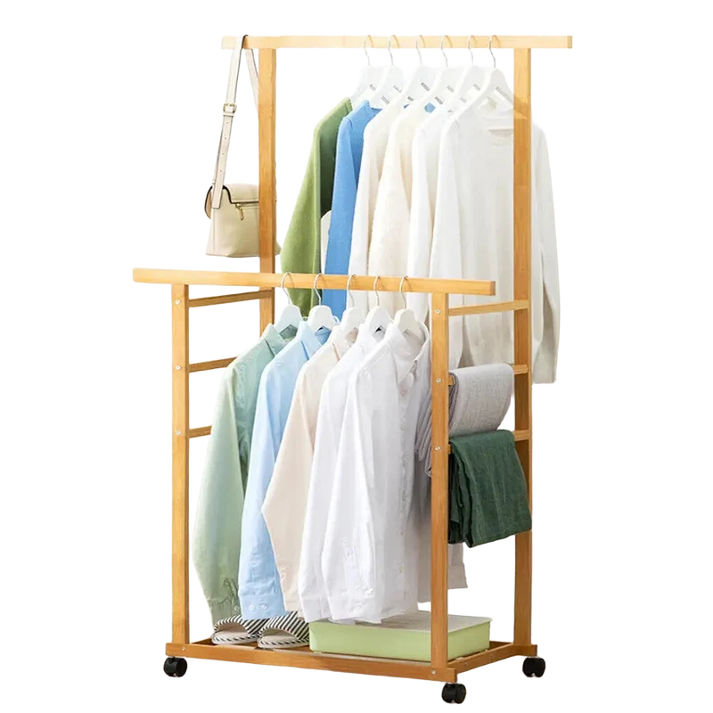 Perchero Doble Capa con Ruedas - Estante para Ropa Resistente
