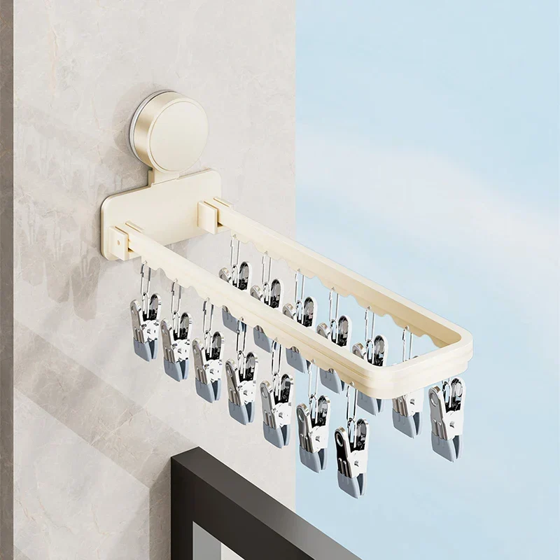 Tendedero de Pared con Ventosa y 14 Pinzas Plegable para Ropa
