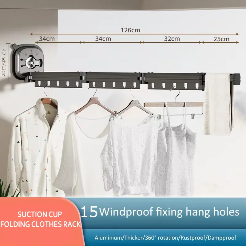 Tendedero de Acero Inoxidable Plegable Retráctil de Pared 360° para Lavandería Balcón Dormitorio - Sin Agujeros Ventosa
