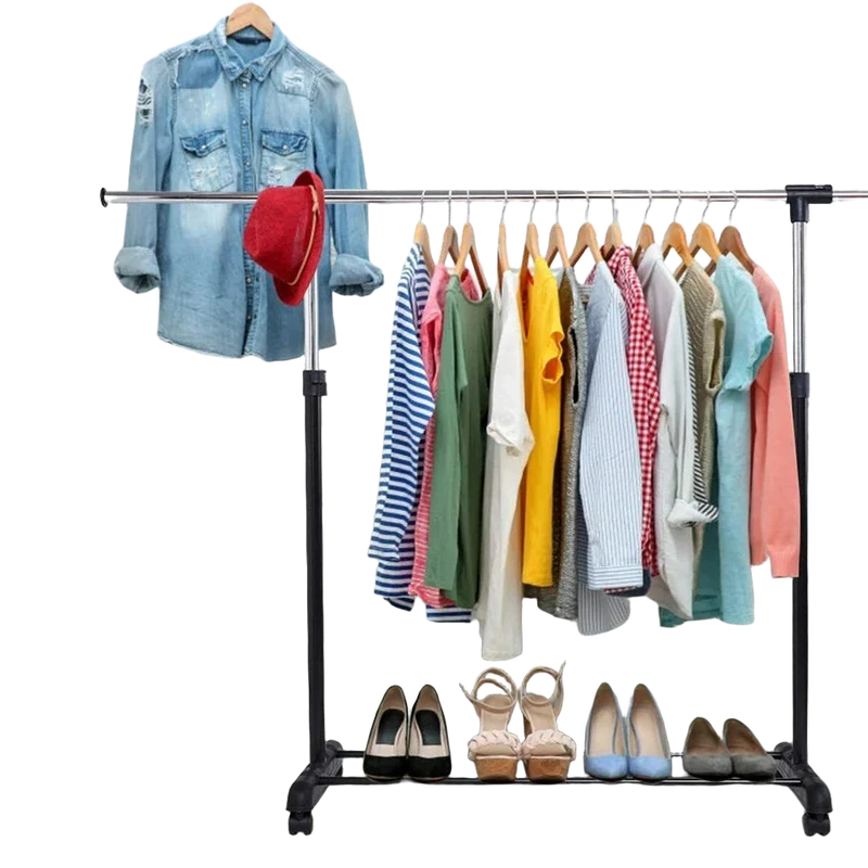 Juego de Barra Telescópica Ajustable para Ropa con 4 Ruedas, Perchero de Suelo para Balcón y Interior, Ideal para Colgar Bolsos, Abrigos y Faldas Larg