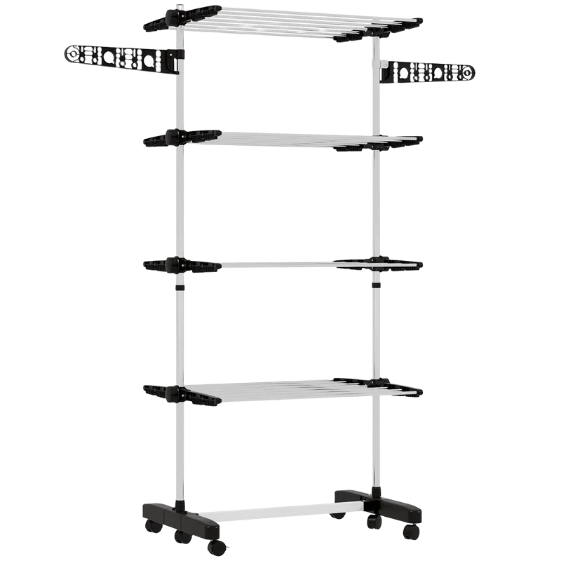 Tendedero de Ropa Vertical de 4 Niveles con Ruedas, 2 Lados Plegables, Estantes Ajustables y Marco de Acero Negro y Plateado