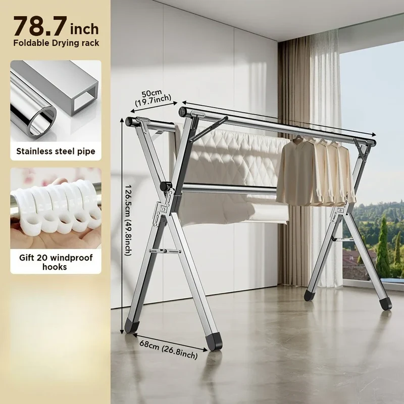 Tendedero de Ropa Plegable Portátil de 200 cm - Secador de Interior y Exterior con 20 Ganchos
