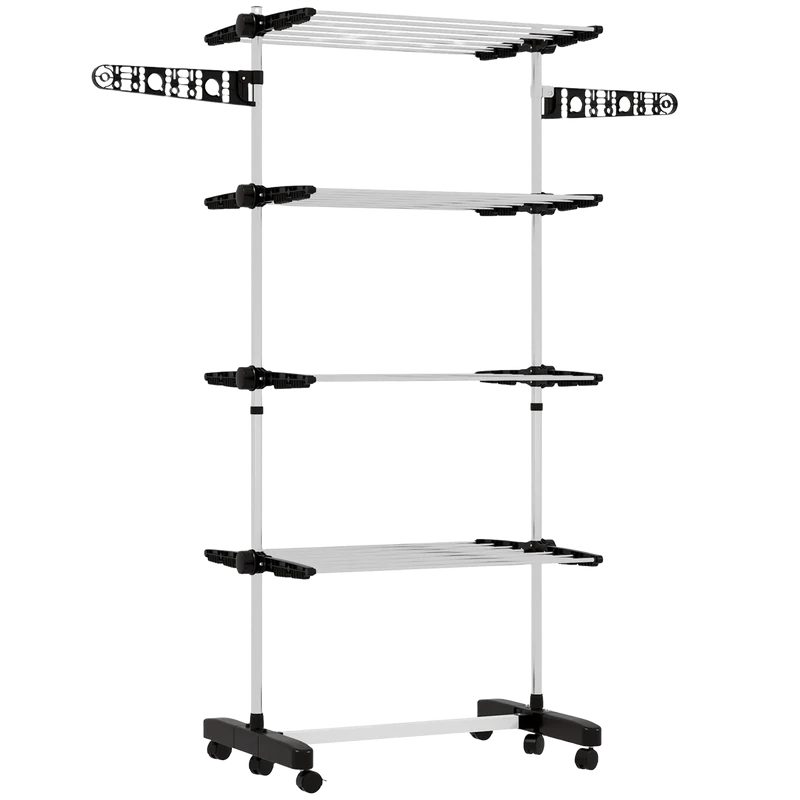 Homcom Tendedero Vertical de 4 Niveles con Ruedas, 2 Lados Plegables, Estantes Ajustables y Armazón de Acero Negro y Plateado