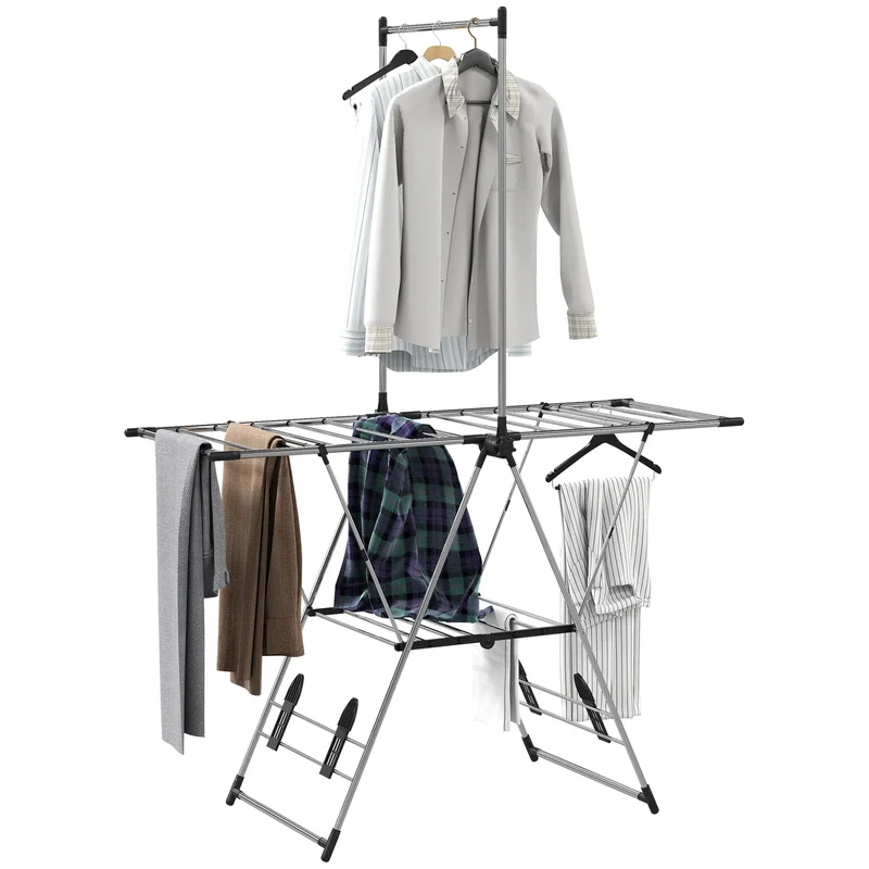 Tendedero Vertical Plegable con Alas Ajustables, 4 Estantes para Zapatos y Estante 139x62.5x201 cm Plateado