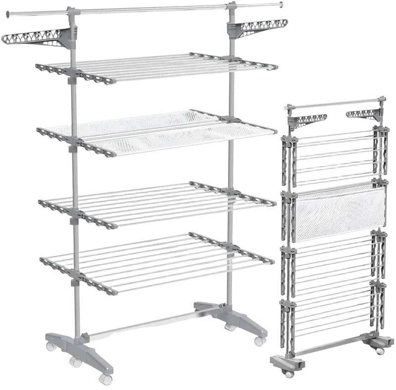 VOUNOT® Tendedero Vertical Plegable, Tendedores de Ropa Tipo Torre, Estantes Secado Ropa con Alas Plegables, 6 Ruedas y Malla