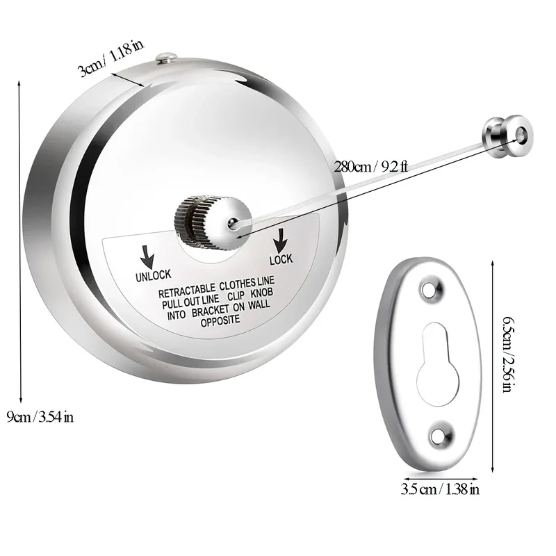 Tendedero de Ropa Retráctil de Pared, Cuerda Ajustable de 2.8 m para Interior y Exterior