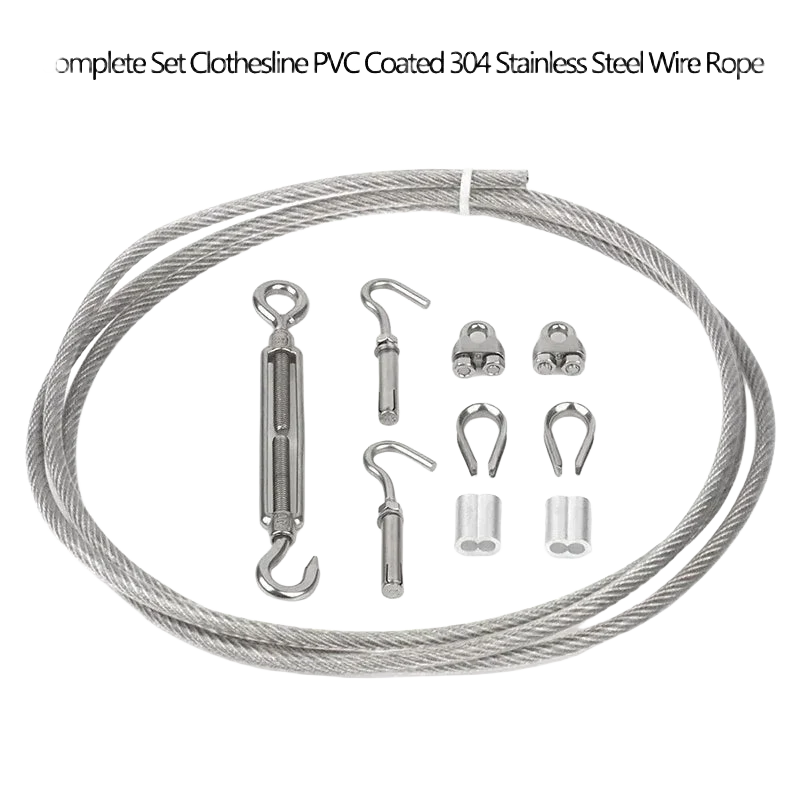 Juego Completo de Cuerda para Tendedero Recubierta de Plástico, Cable de Acero Inoxidable 304, para Interior o Exterior, con Tornillos de Expansión