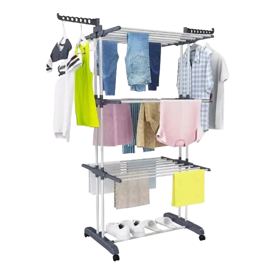 Tendedero de pie, 4 niveles, vertical plegable con ruedas, acero inoxidable, interior y exterior, gris