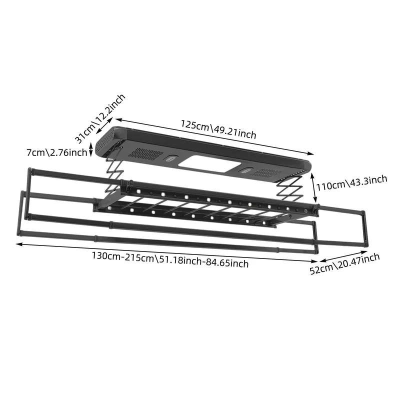 Tendedero Eléctrico de Ropa, 35 kg, 24 W, Lámpara LED, 6500 K, Rectangular, Montaje en Techo con Control Remoto 30-50 m, Negro