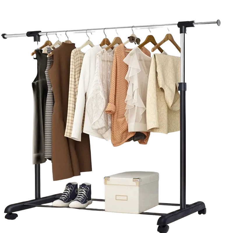 Perchero Ajustable de Suelo con 4 Ruedas Móviles, Barra Telescópica para Colgar Ropa, Estante Portátil para Trajes, Bolsos y Faldas Largas