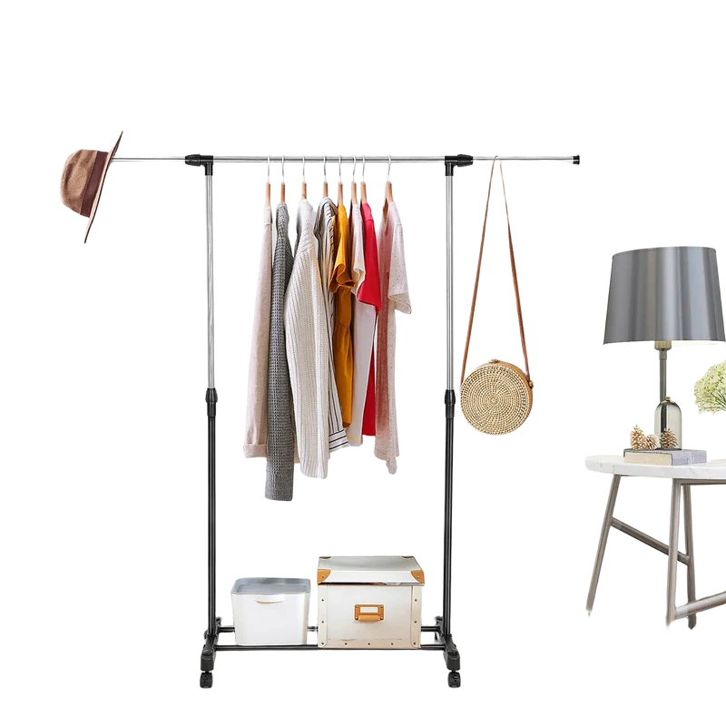 Tendedero de ropa ajustable de altura de 77 a 157 cm barra extensible metálica y portátil con ruedas Negro