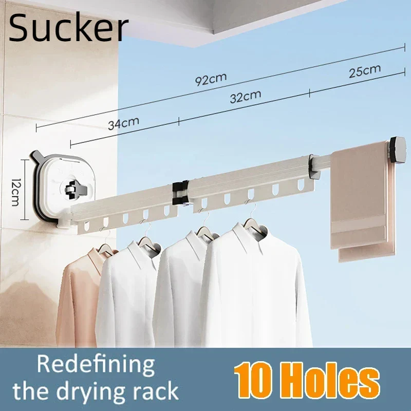 Tendedero de Pared Plegable con Ventosa y Percha Retráctil de 3 Pliegues