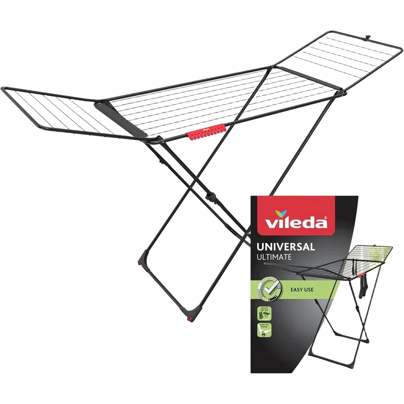 Tendedero de ropa Vileda Universal Ultimate, diseño plegable de acero de 18 m con ruedas integradas para transporte fácil, incluye 24 ganchos para cal
