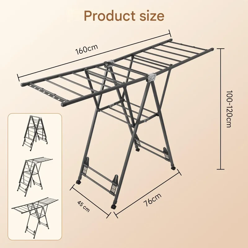 Tendedero de Ropa Plegable 160cm con Soporte para Zapatos, Altura Ajustable, Telescópico, con Ruedas