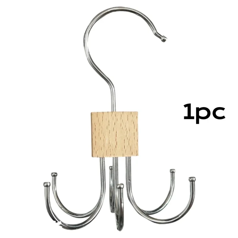 Gancho Giratorio 360° con Múltiples Garras para Organizar Bolsos, Cinturones, Sostenes y Corbata - Estante de Madera y Metal para Armario