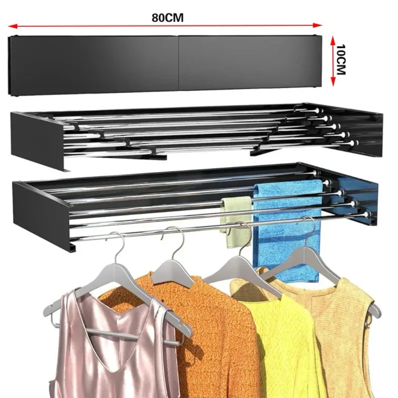 Tendedero de Ropa Plegable de Pared Retráctil 80 cm - 6 Barras de Aluminio - Capacidad 30 kg