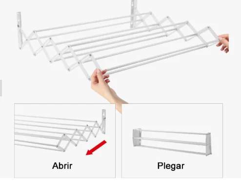 Tendedero de pared extensible 60/80/100 cm - plegable para interior y exterior, acero blanco, 9 barras y 5 metros de cuerda