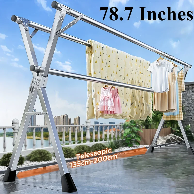 Tendedero de Ropa Plegable de 200 cm, Acero Inoxidable, para Interior y Exterior