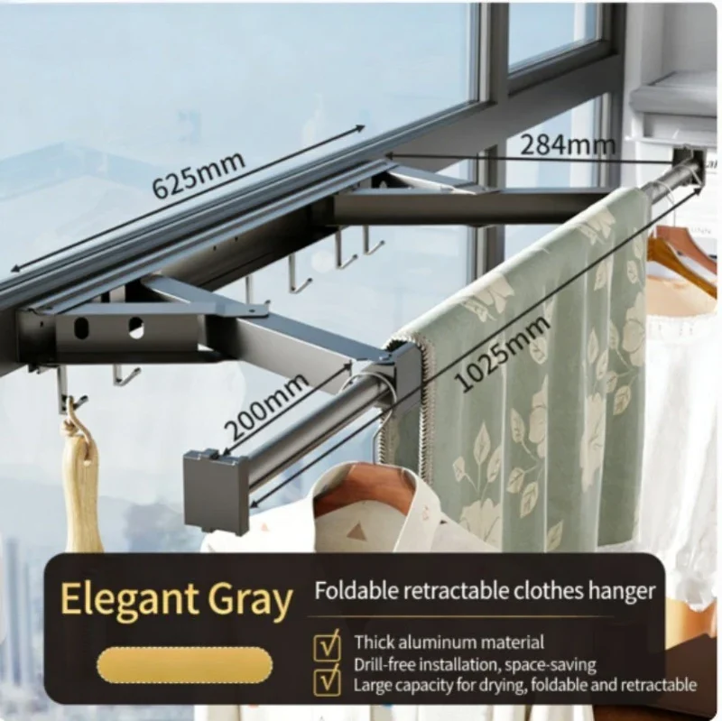 Tendedero de Ropa Plegable Invisible, Percha Telescópica Sin Perforaciones para Balcón y Ventana, Barra Interior para el Hogar