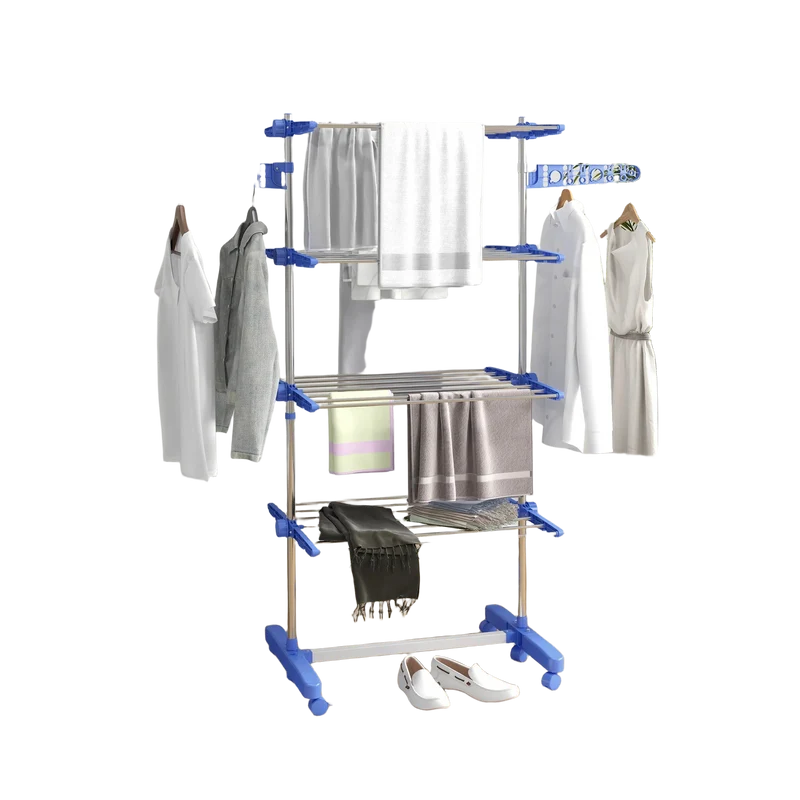 Homcom Tendedero Vertical de 4 Niveles con 6 Ruedas, 2 Laterales Plegables, Estantes Ajustables y Estructura de Acero Inoxidable, Azul