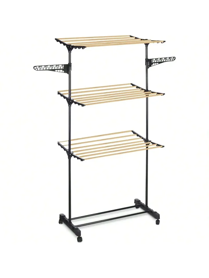 Tendedero de Ropa Plegable Vertical Bloom con 3 Alturas y Ruedas, Metal, Negro y Natural, 80-140x57x165 cm