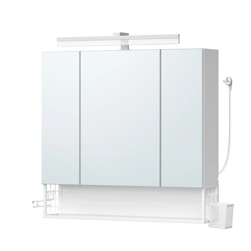Armario de Baño con Espejo y Puertas con Enchufe y Cesta Colgante