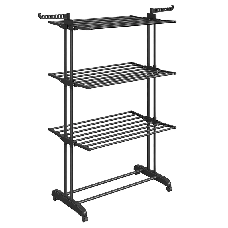 SONGMICS Tendedero de Ropa Plegable, 4 Niveles Móvil, Ruedas Bloqueables, Acero Inoxidable, 64x126x172 cm