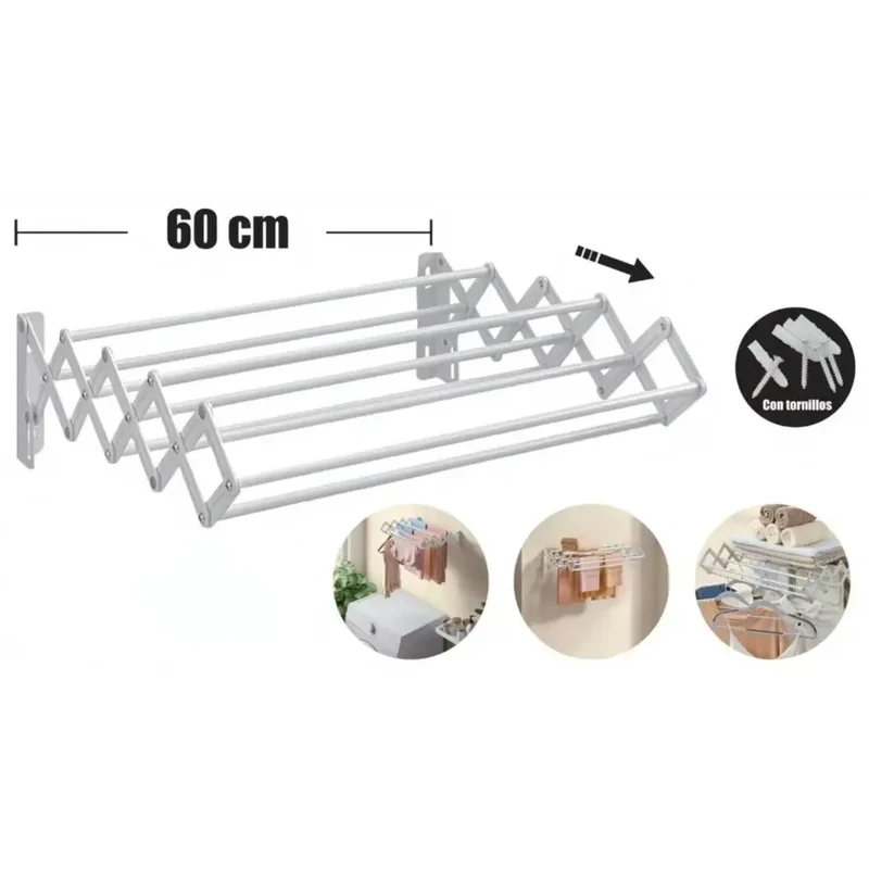 Tendedero de Pared con 9 Barras - Extensible 80/100cm de Acero Inoxidable Plegable para Interior o Exterior, Ideal para Ahorro de Espacio y Fácil Inst