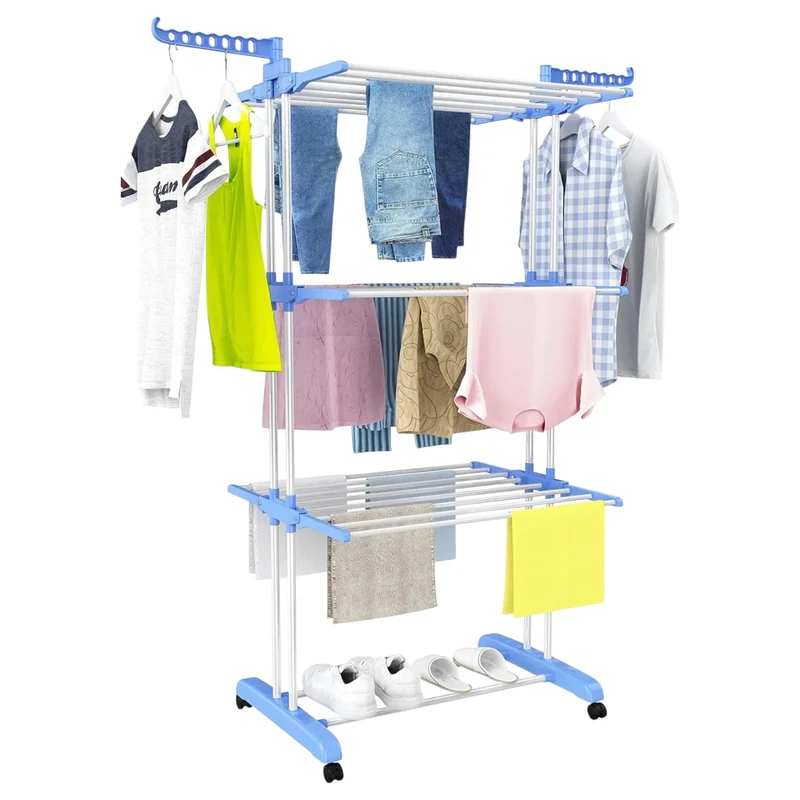 Tendedero de ropa plegable de acero inoxidable Mikomika, 4 niveles con alas laterales, 6 bandejas retráctiles, capacidad 35 kg, 4 ruedas 360°, diseño