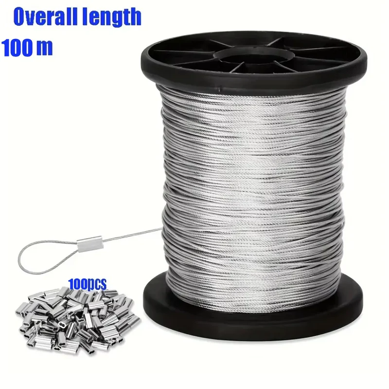 Cable de acero inoxidable 50 m/196 ft con 50 crimps de aluminio, núcleo 7x7, cuerda 304 para colgar al aire libre, tendedero, jardín