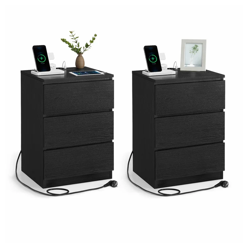 KAILYN Colección - Mesita de Noche con Estación de Carga con Cajones Puertos USB