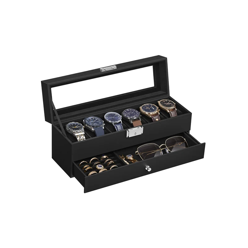 Caja de Reloj con Tapa de Cristal de 2 Niveles Superficie PU Negro y Forro