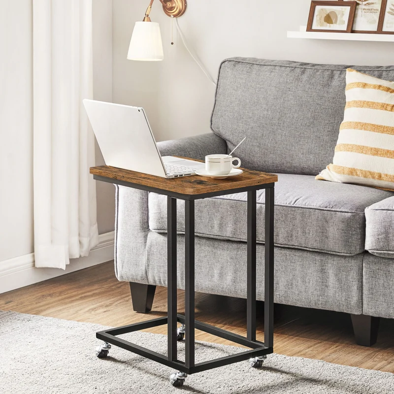 VASAGLE Juego de 2, Mesa Auxiliar de Estilo Industrial, Mesa Lateral con Ruedas y Pies Ajustables, para Dormitorio, Marco de Acero, Fácil de Montar, Marrón Rústico y Negro