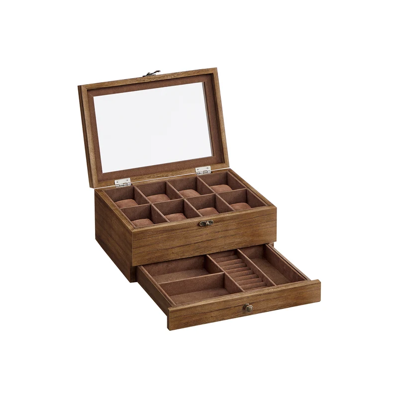 Caja de Relojes con Ranuras Madera con Tapa de Cristal Forro de Terciopelo