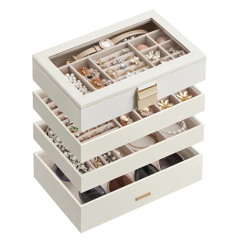 Caja Joyero con Bandejas Apilables Tapa de Cristal Transparente