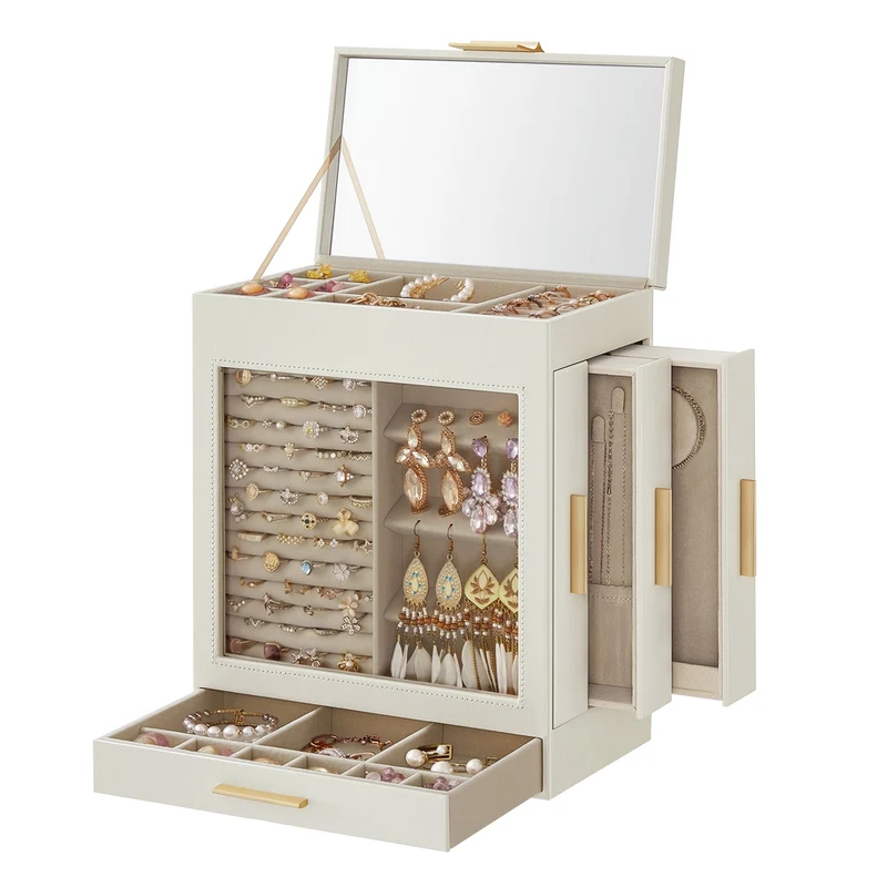 Caja Joyero para Joyas Ventana de Cristal Cajones Laterales Espejo Grande