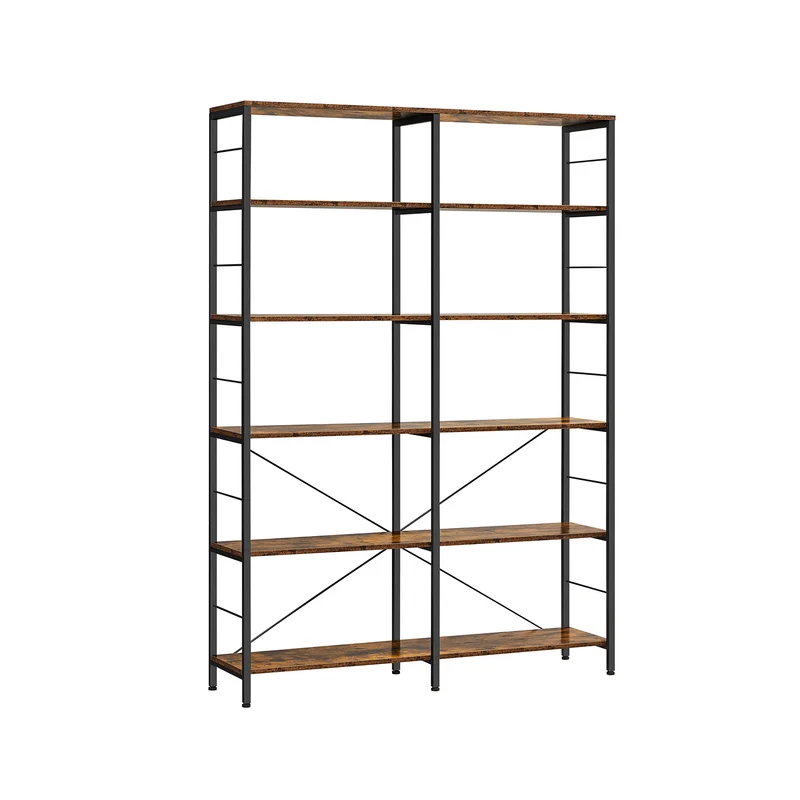 Librería industrial de madera con varios niveles para salón y estudio