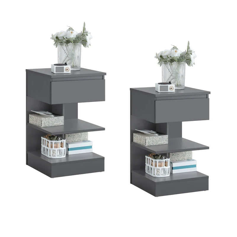 SoBuy FBT49-HGx2 Set de 2 Mesitas de Noche con 1 cajón y 2 estantes Gris