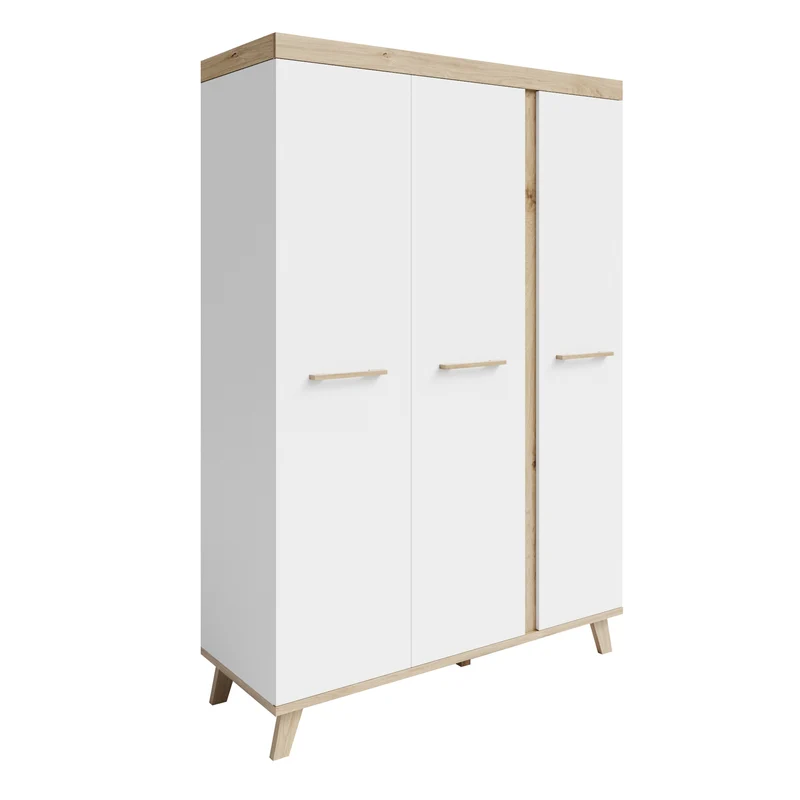 Kleiderschrank 'Smile' 3-türig - Griffe & Füße aus Massivholz - Weiß / Artisan Eiche