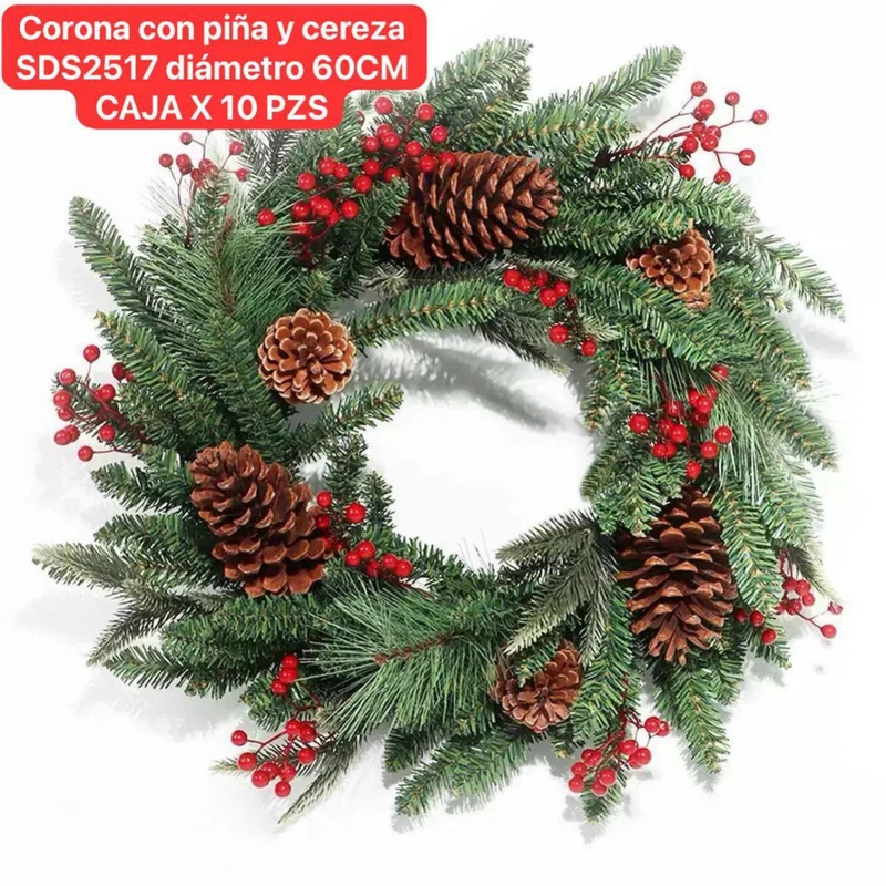 Corona guirnalda premium 60cm diámetro navidad con piña y cereza NCSDS2517