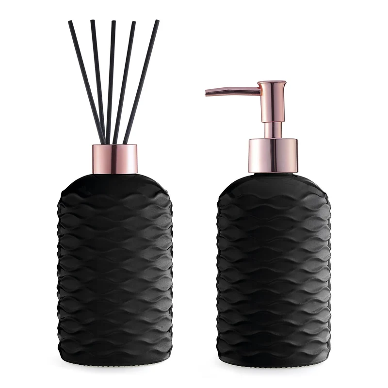 KIT. JABONERAS Y DIFUSOR DE VIDRIO 18CM NEGRO