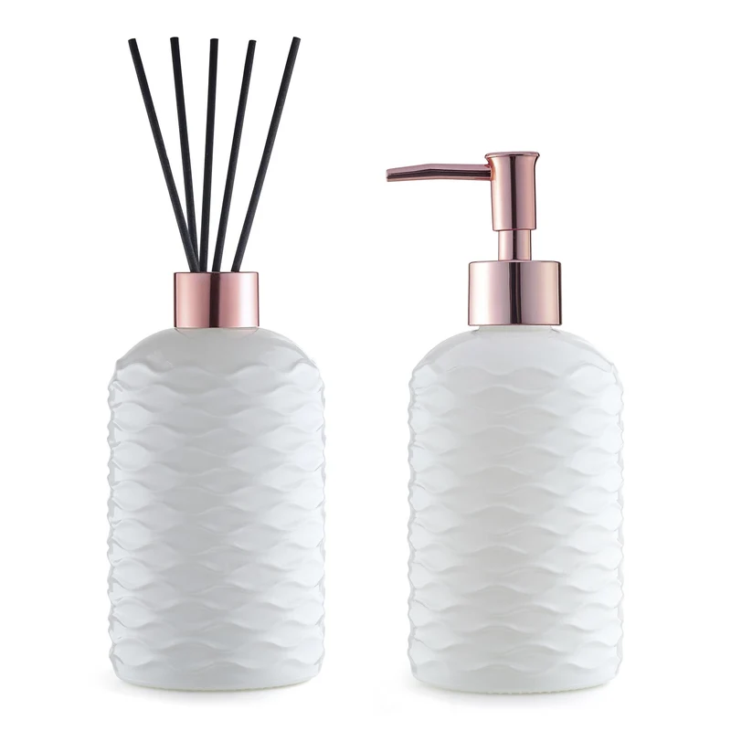 KIT. JABONERAS Y DIFUSOR DE VIDRIO 18CM BLANCO