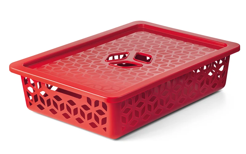 CESTO ORGANIZADOR PLANO COM TAMPA ROJO SOLIDO