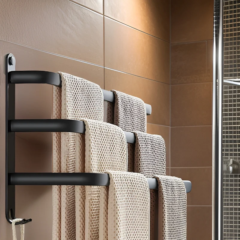 Porte-serviettes Mural – Aluminium Noir, Design à 3 Niveaux pour Salle de Bain ou Espace Bien-Être
