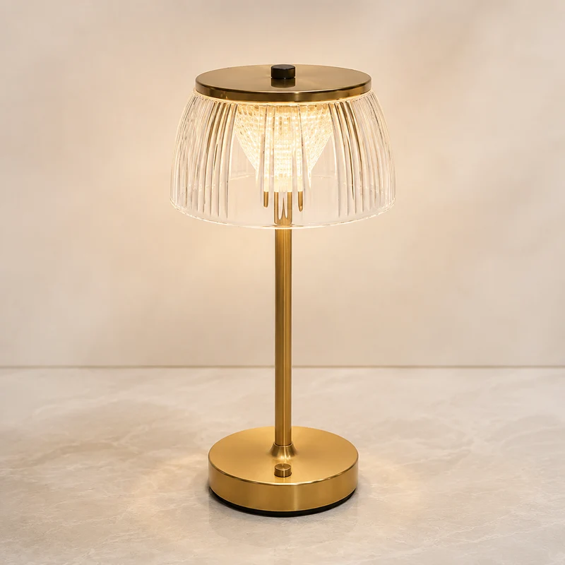 Lampe de table rechargeable en cristal – Dorée, design dimmable pour chambre ou salon