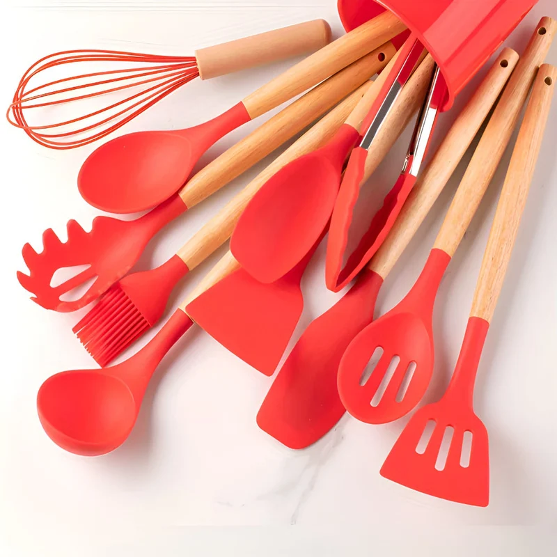 Ensemble d’ustensiles de cuisine en silicone – Sans BPA, résistant à la chaleur avec manches en bois pour cuisiner et pâtisser