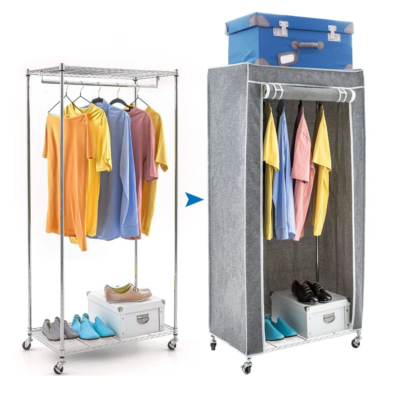 art moon Buffalo - Armario de Tela, Estructura Resistente, 4 ruedas, Hasta 70 kg, Acero cromado, Perchero con Funda, 75x45x156,5 cm, Gris