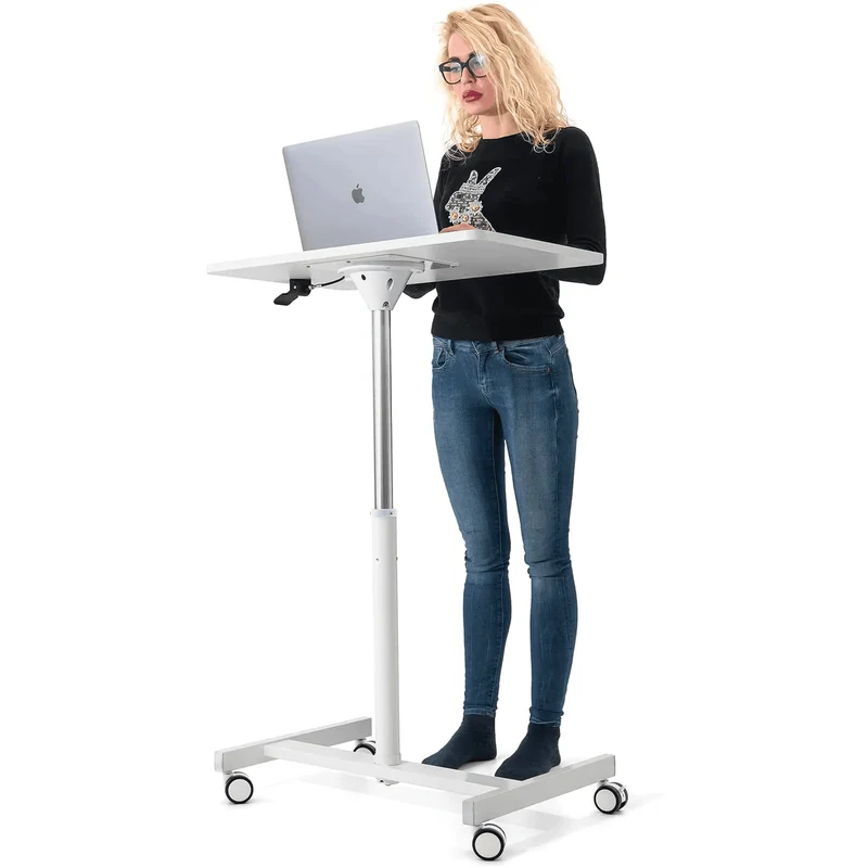 Tatkraft Trend - Mesa para Ordenador, Neumatica, Portátil, con Ruedas, Altura Ajustable 74 - 114 cm, Regulación de Elevación sin Esfuerzo, Blanco