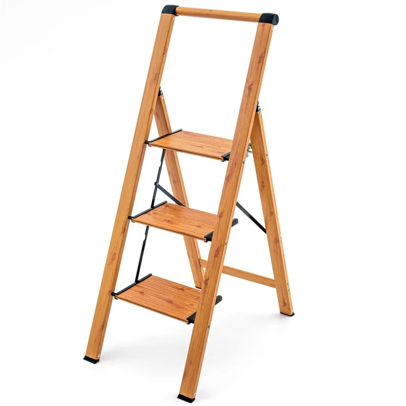 Tatkraft Up - Escalera con 3 Peldaños antideslizante, Taburete plegable de cocina de aluminio, Estilo madera escandinava