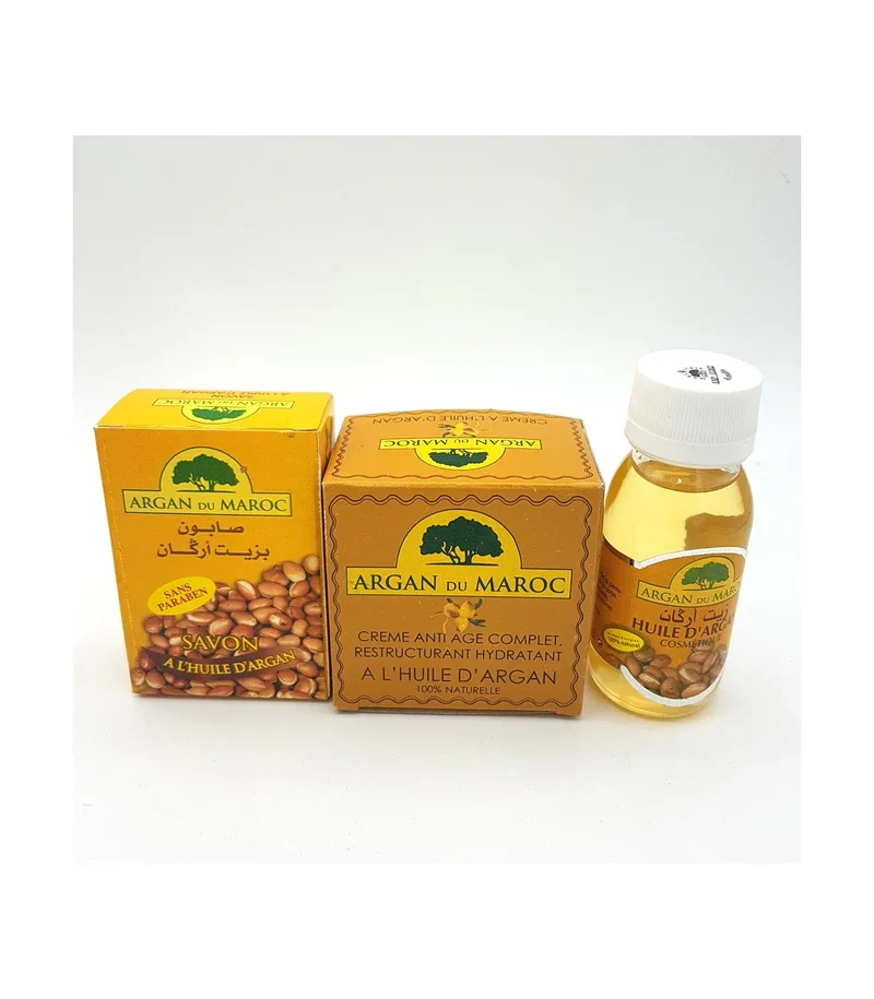Pack Argan du Maroc: Crema Anti Edad 100% Natural, Aceite de Argán Regenerador y Jabón Enriquecido con Aceite de Argán